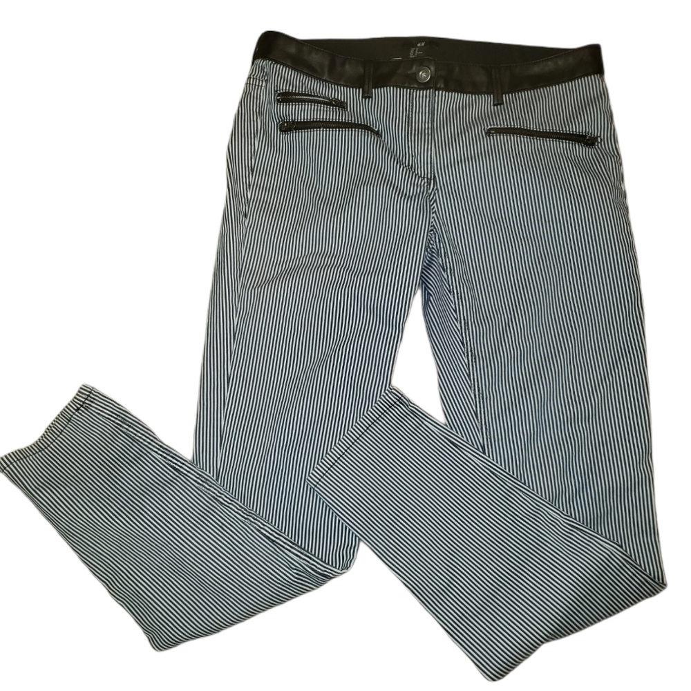 H&M Striped Jeans Pants Leatherette Trim sz 12
